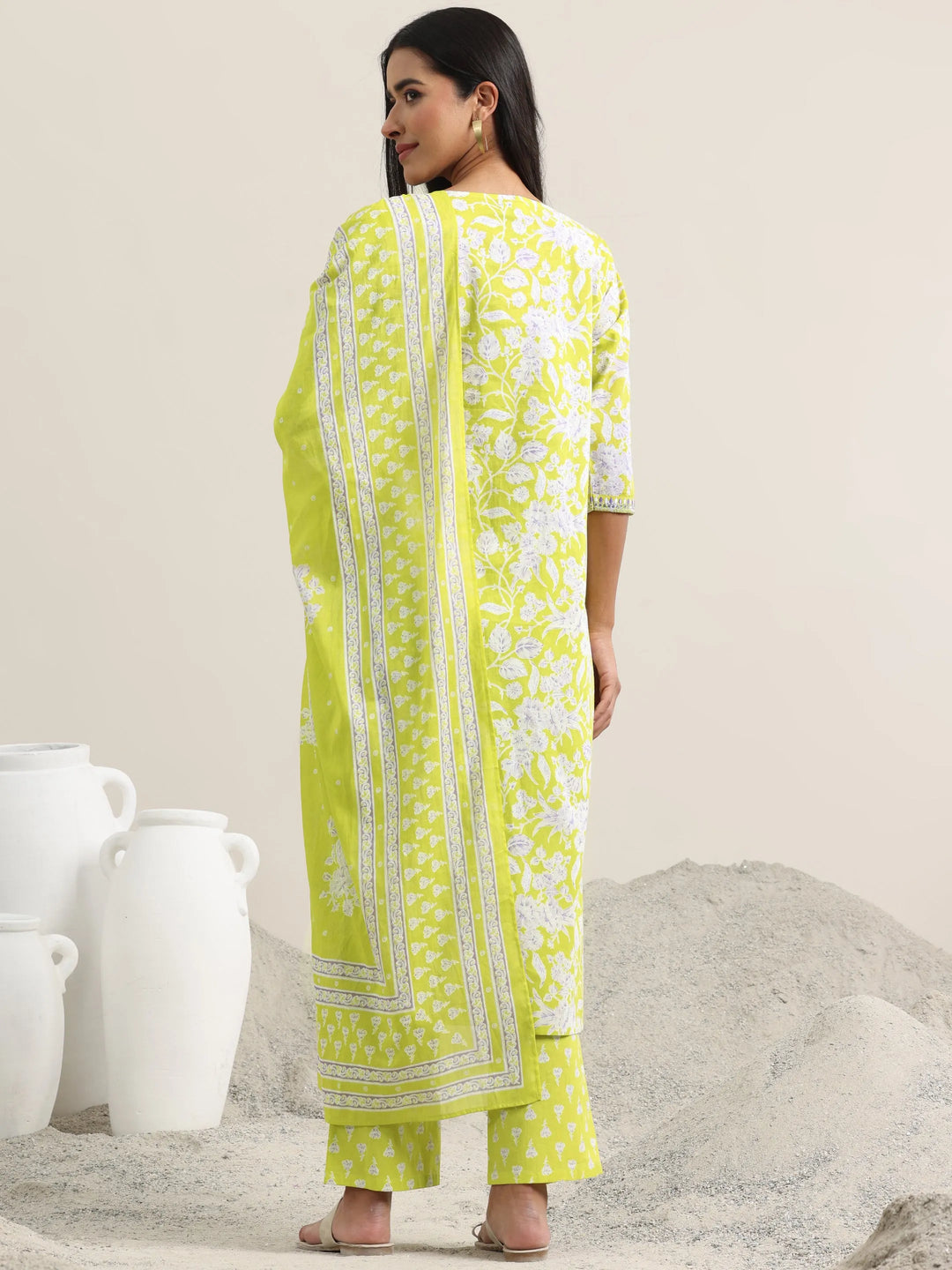  Green Printed Cotton Straight Suit With Dupatta 