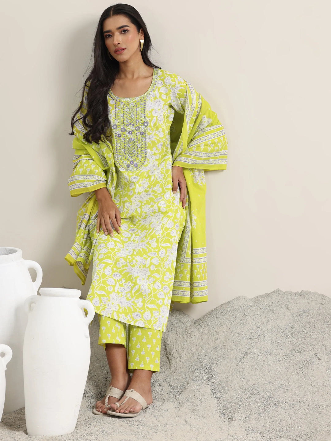  Green Printed Cotton Straight Suit With Dupatta 