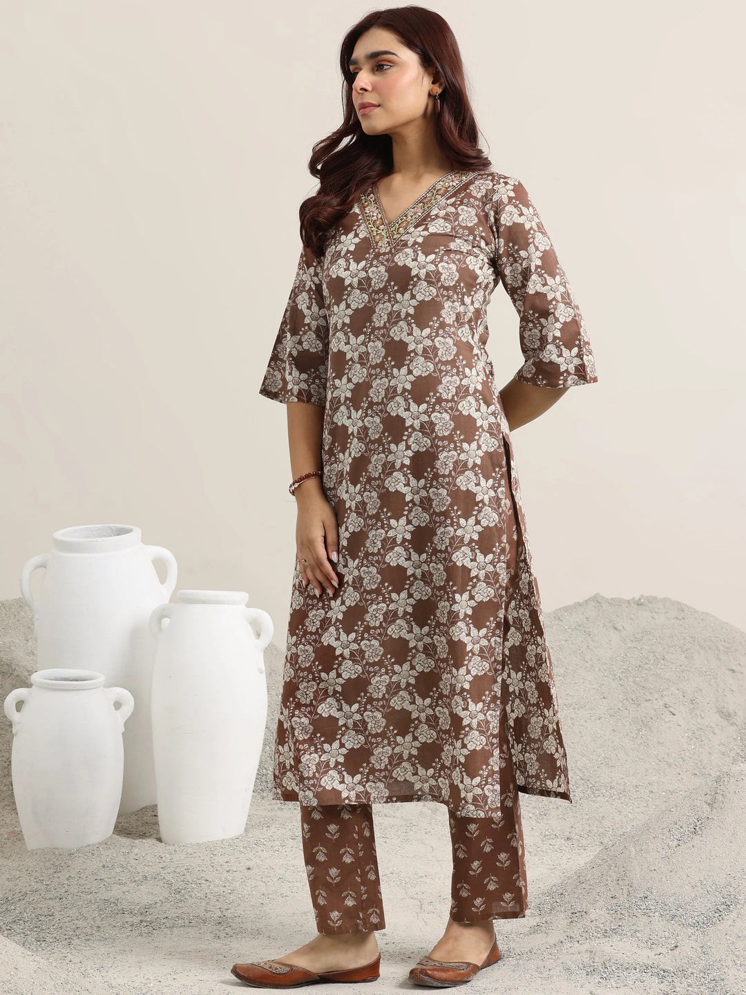  Brown Printed Cotton Straight Suit With Dupatta 