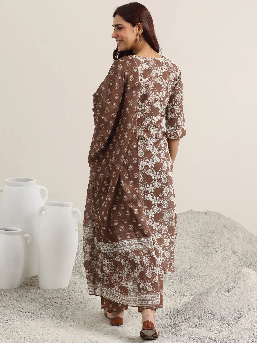  Brown Printed Cotton Straight Suit With Dupatta 