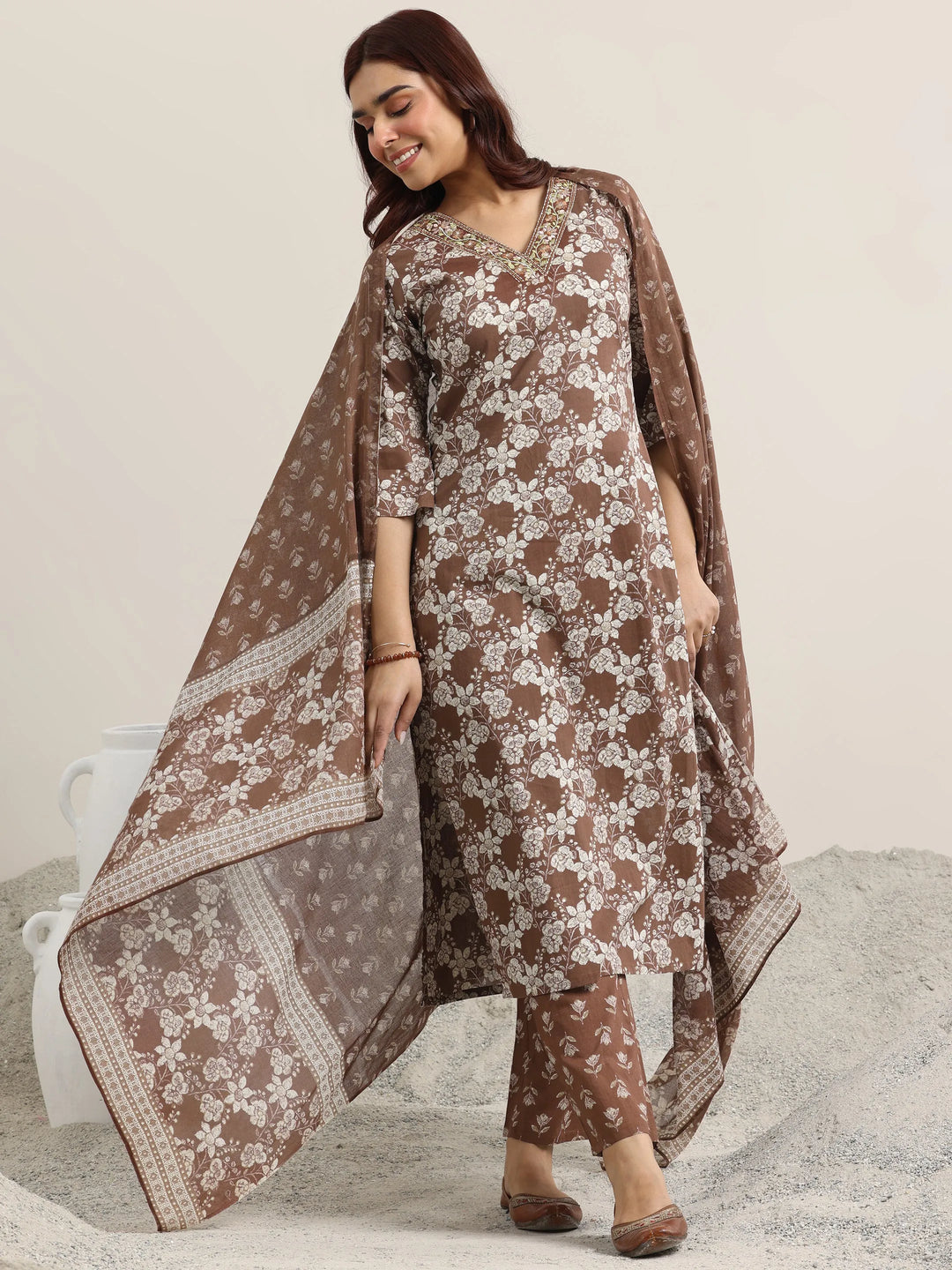  Brown Printed Cotton Straight Suit With Dupatta 