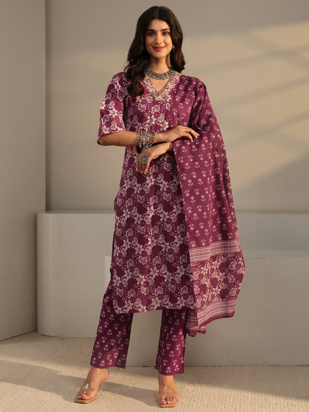  Burgundy Printed Cotton Straight Suit With Dupatta 