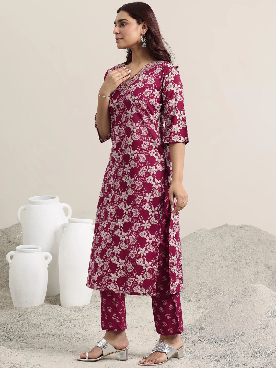  Burgundy Printed Cotton Straight Suit With Dupatta 