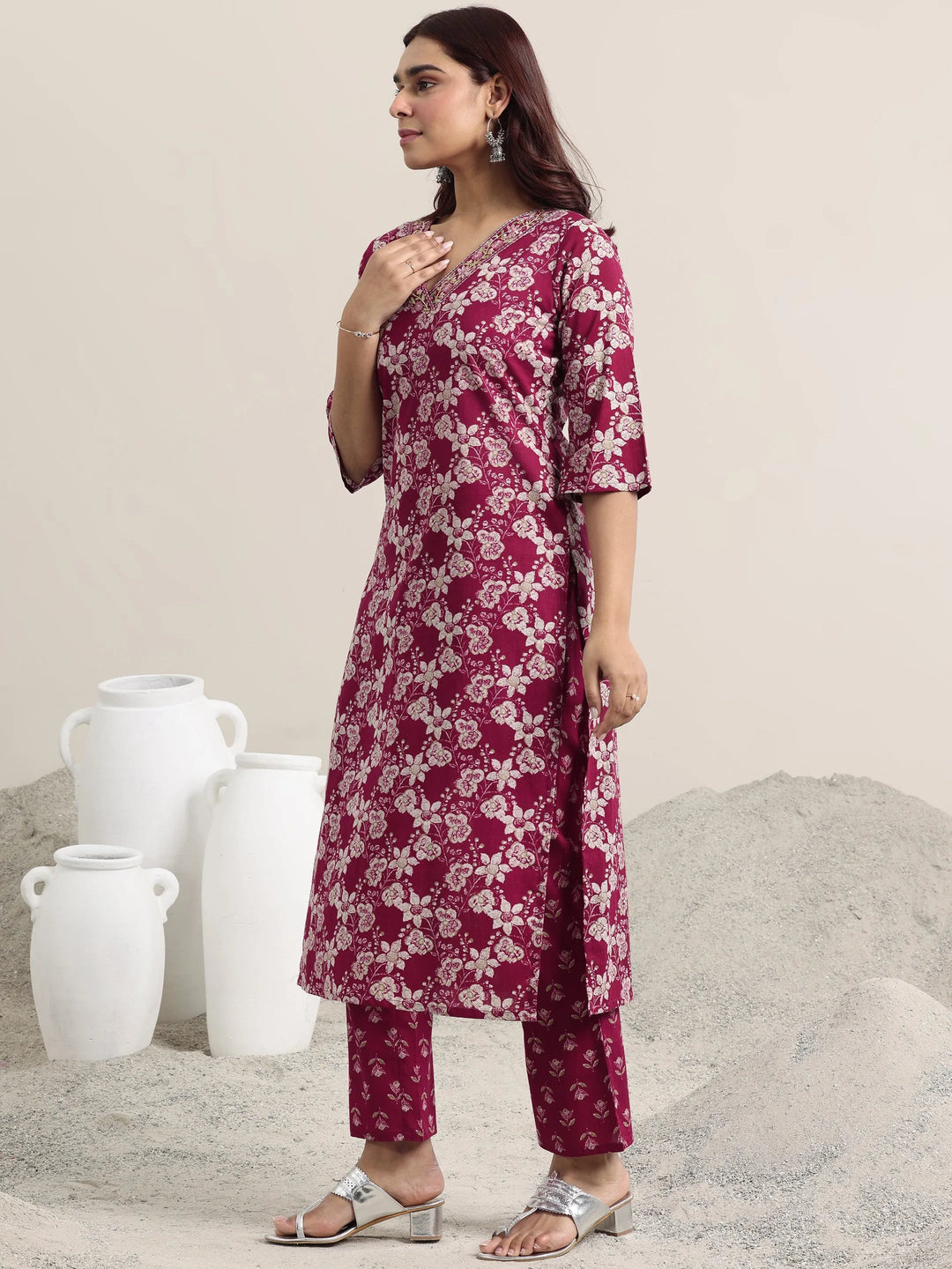  Burgundy Printed Cotton Straight Suit With Dupatta 