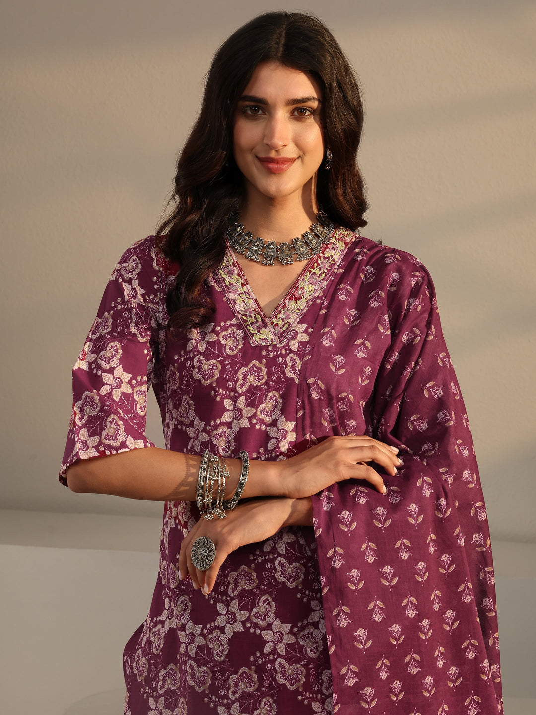  Burgundy Printed Cotton Straight Suit With Dupatta 