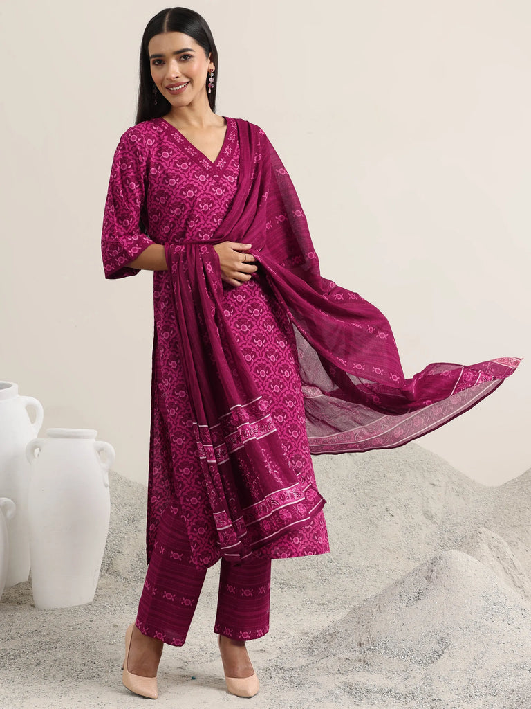 Libas Burgundy Printed Cotton Straight Suit With Dupatta