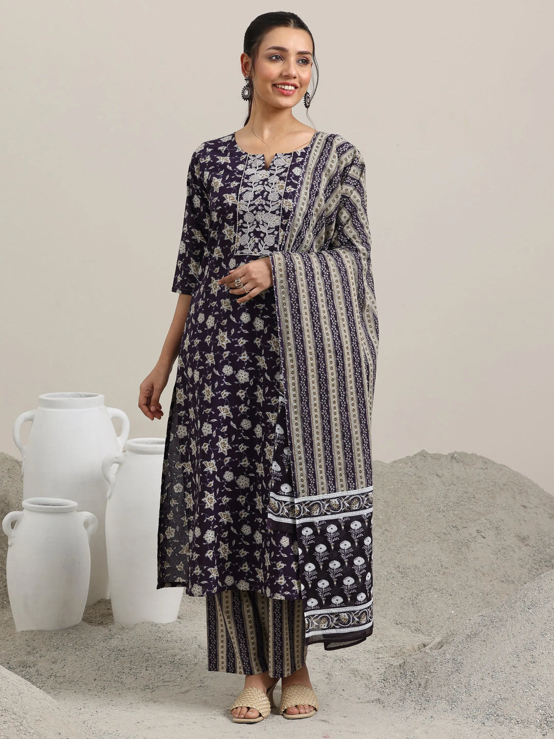  Purple Printed Cotton Straight Suit With Dupatta 