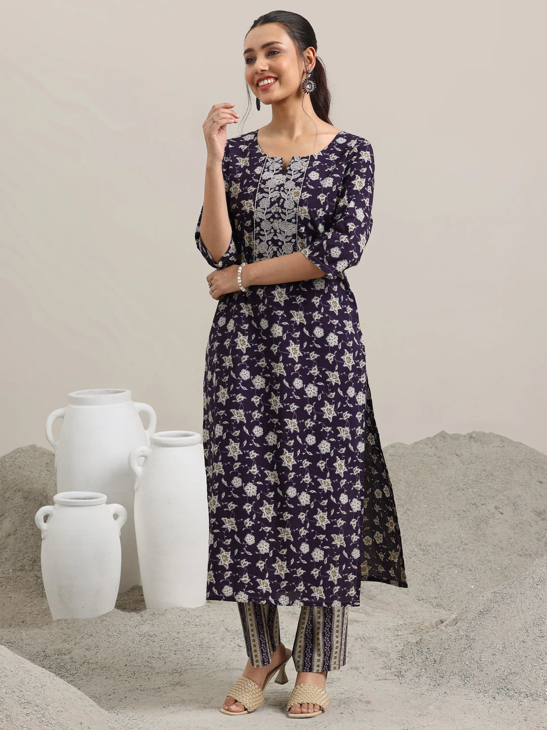  Purple Printed Cotton Straight Suit With Dupatta 