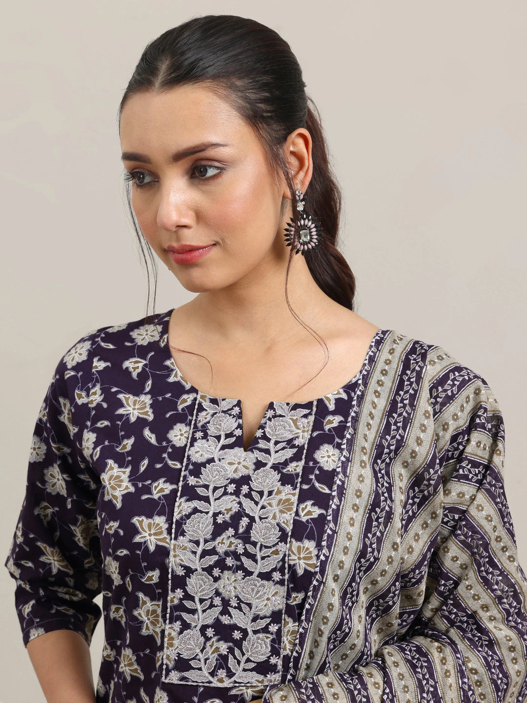  Purple Printed Cotton Straight Suit With Dupatta 