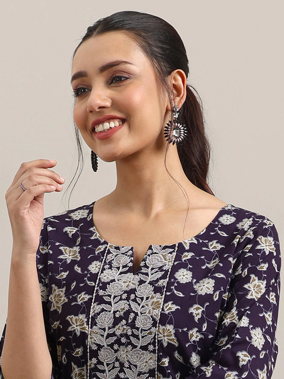 Purple Printed Cotton Straight Suit With Dupatta 