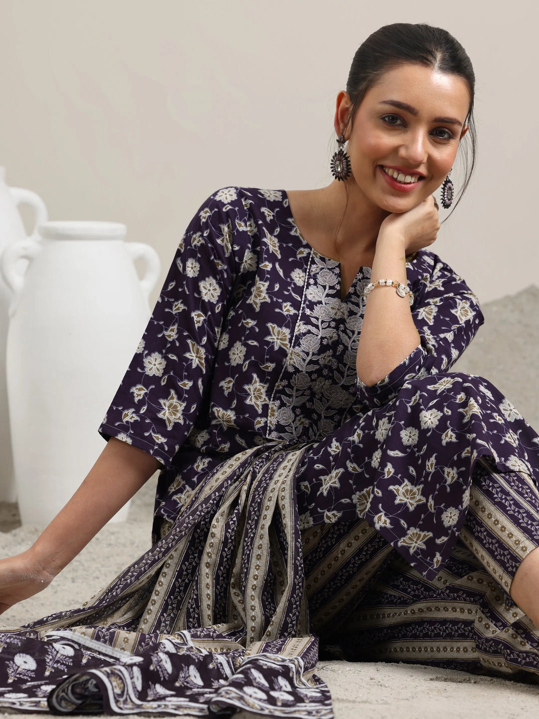  Purple Printed Cotton Straight Suit With Dupatta 