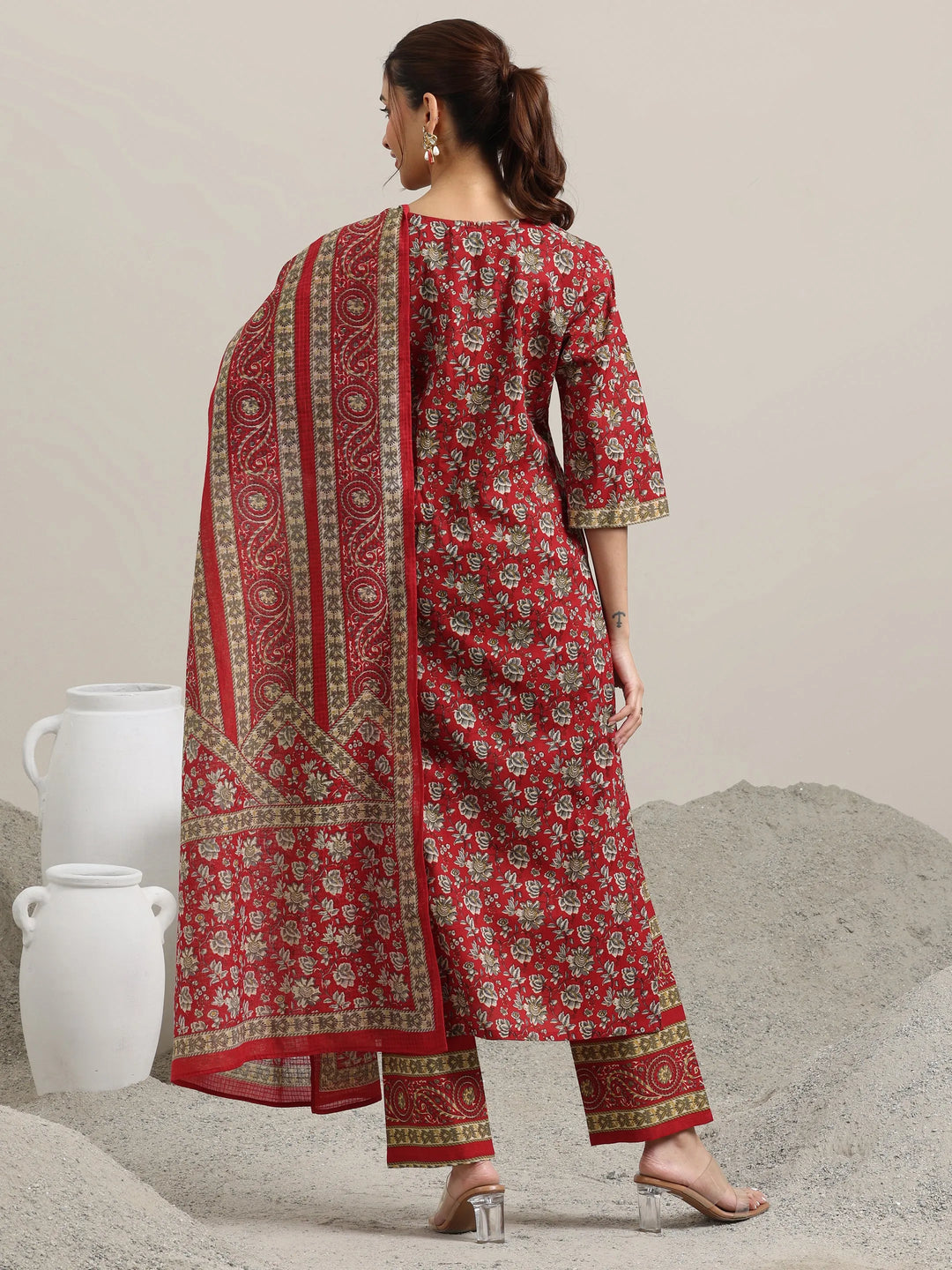  Red Printed Cotton Straight Suit With Dupatta 