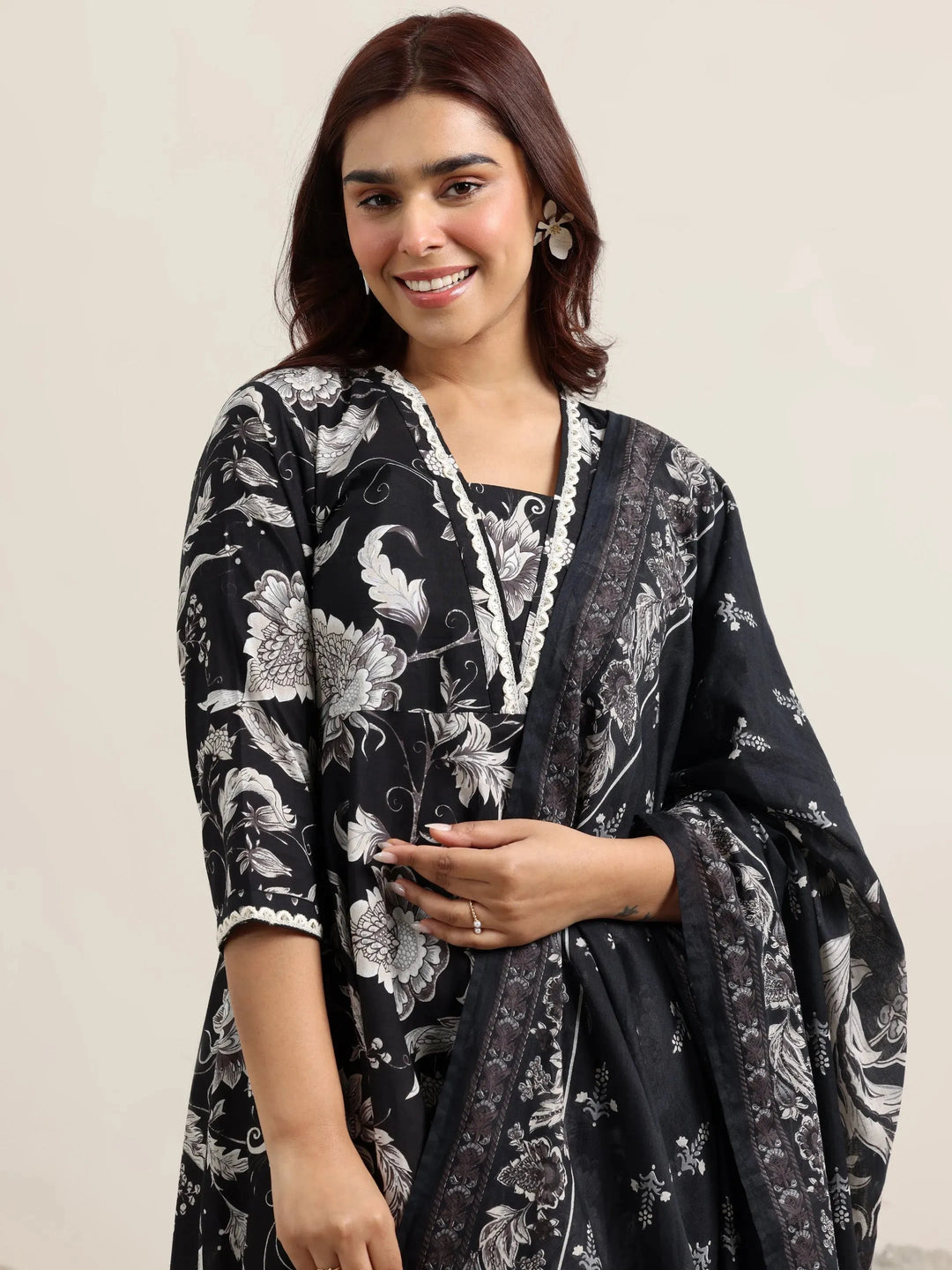  Black Printed Cotton Anarkali Suit With Dupatta 