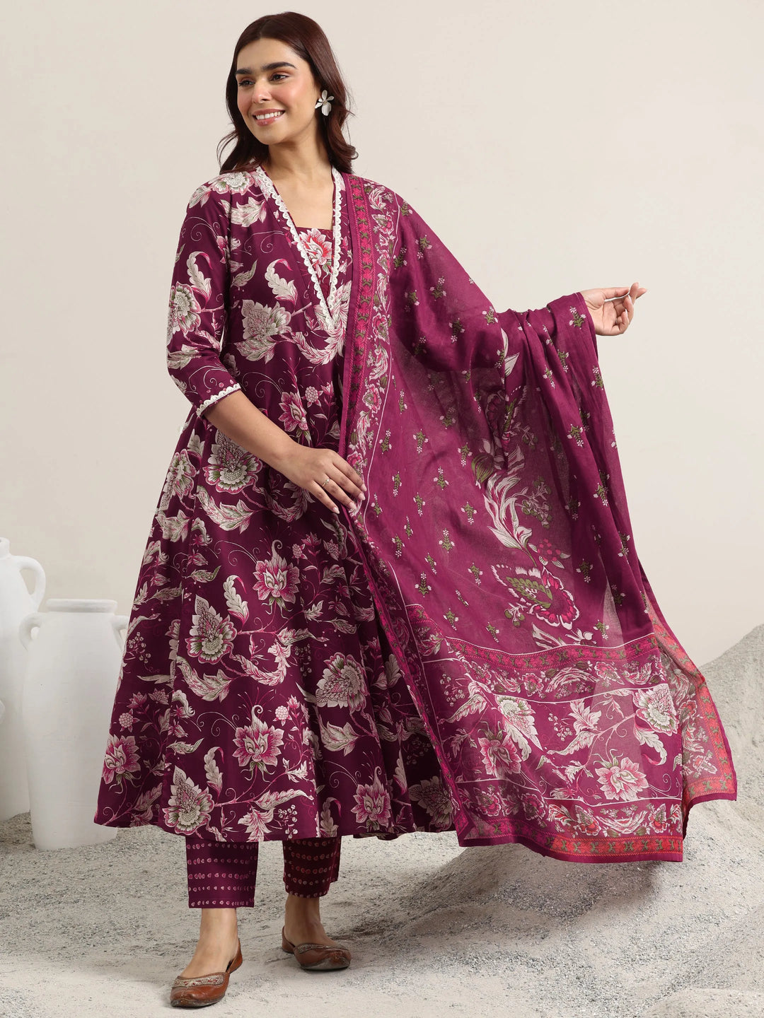  Burgundy Printed Cotton Anarkali Suit With Dupatta 