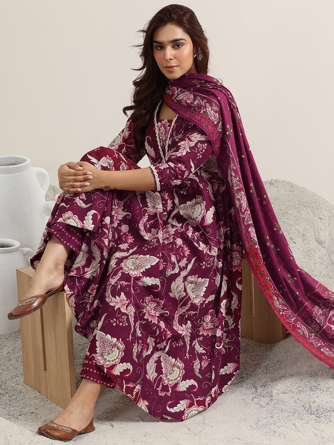 libas Burgundy Printed Cotton Anarkali Suit With Dupatta-picture-49