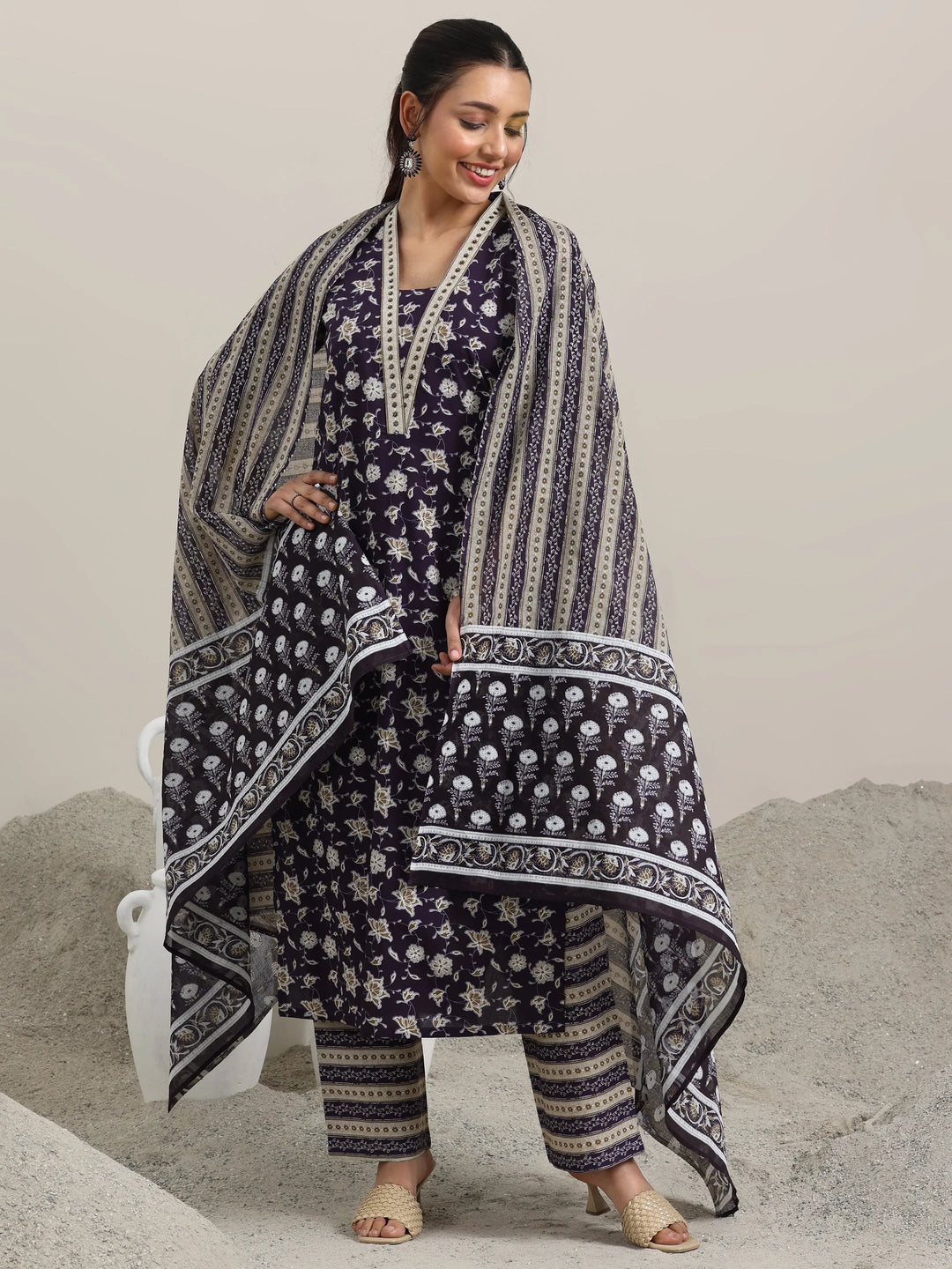  Purple Printed Cotton Straight Suit With Dupatta 