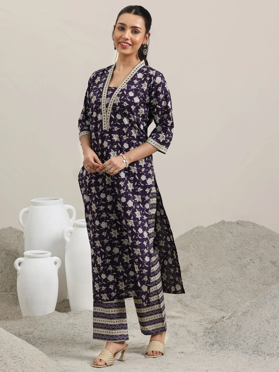  Purple Printed Cotton Straight Suit With Dupatta 