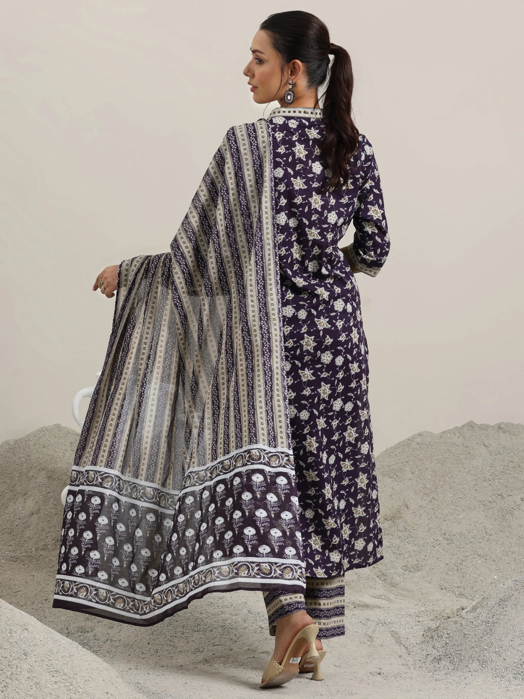 Purple Printed Cotton Straight Suit With Dupatta 