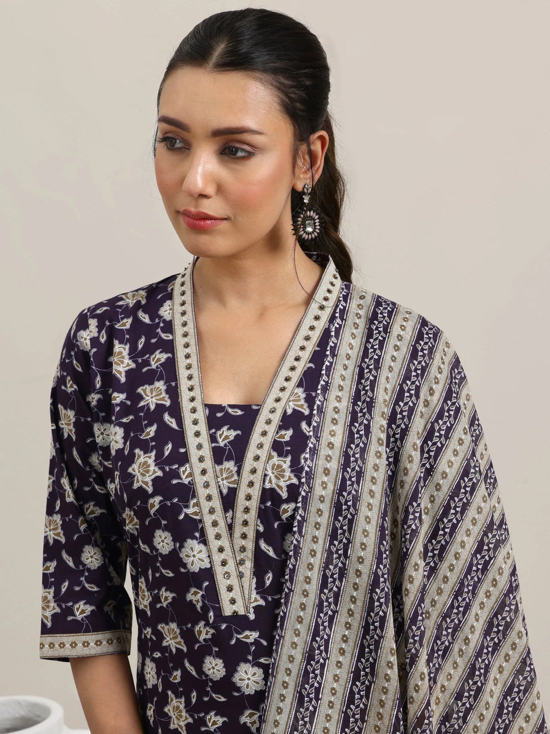  Purple Printed Cotton Straight Suit With Dupatta 