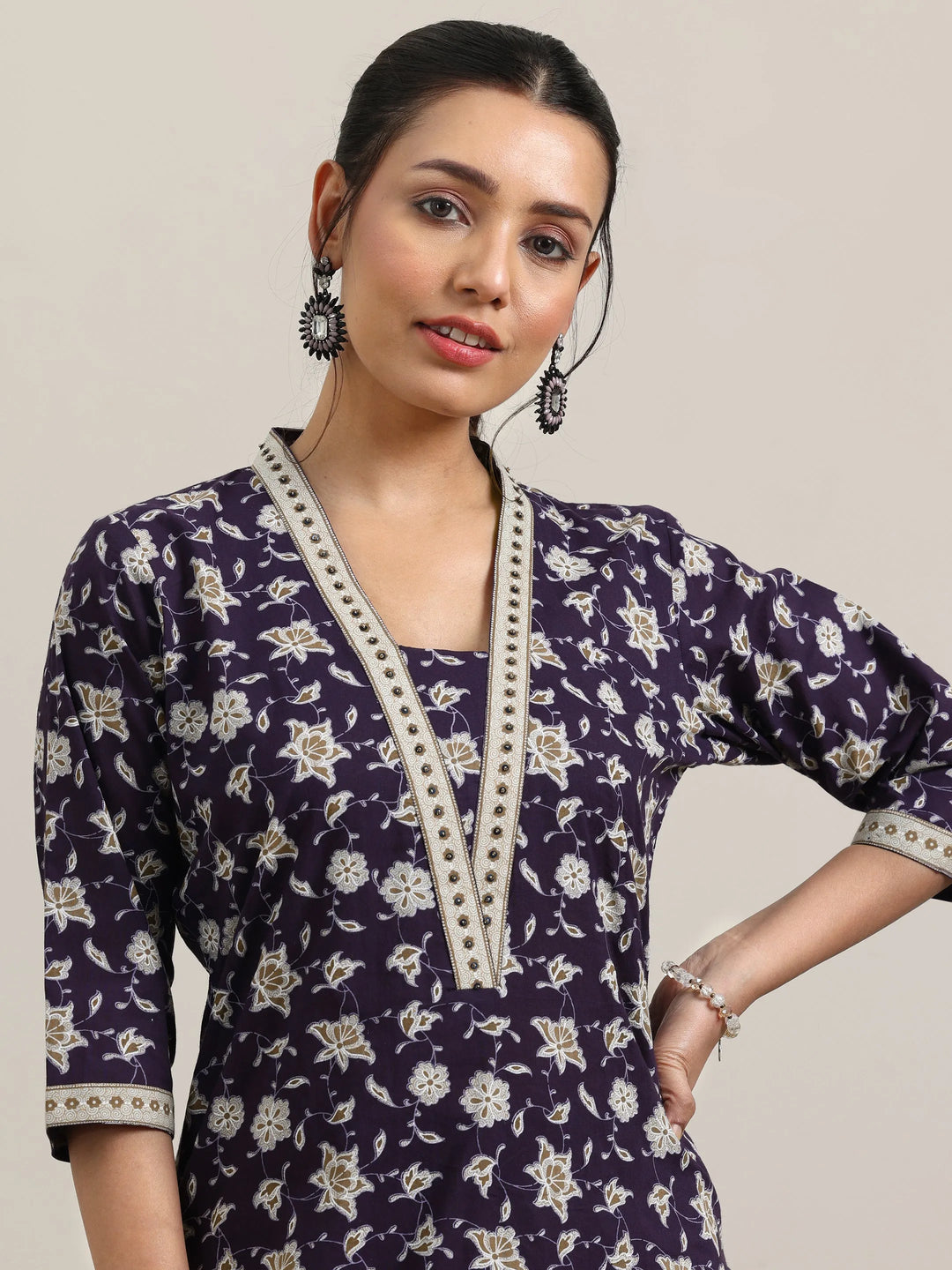  Purple Printed Cotton Straight Suit With Dupatta 