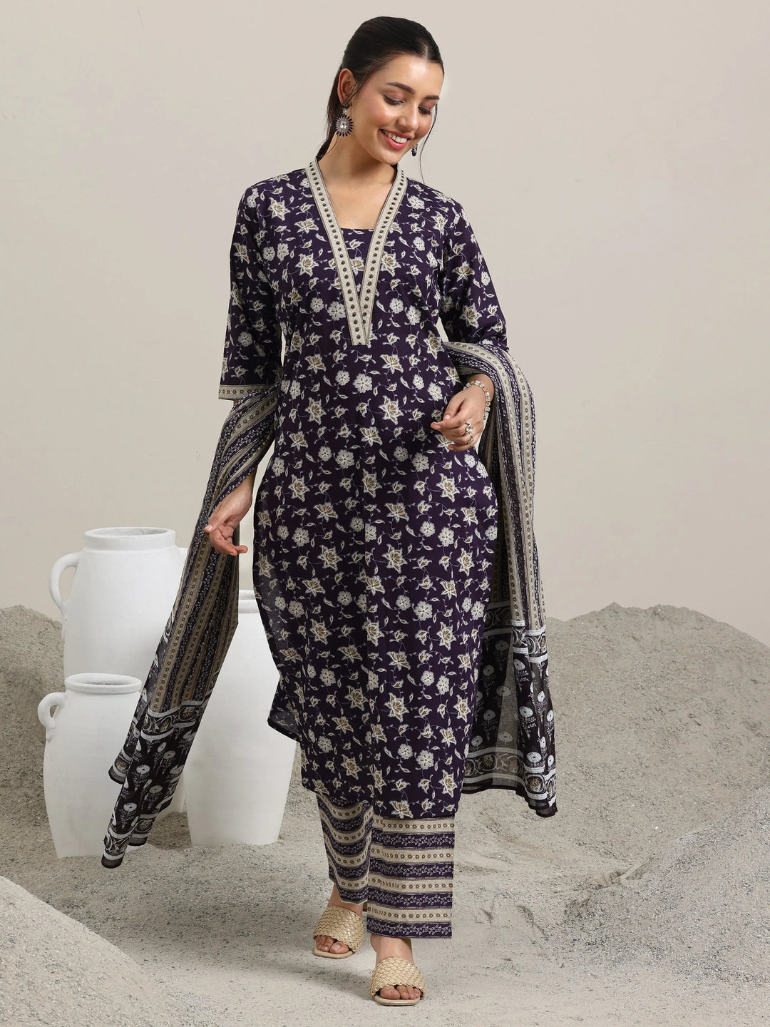  Purple Printed Cotton Straight Suit With Dupatta 