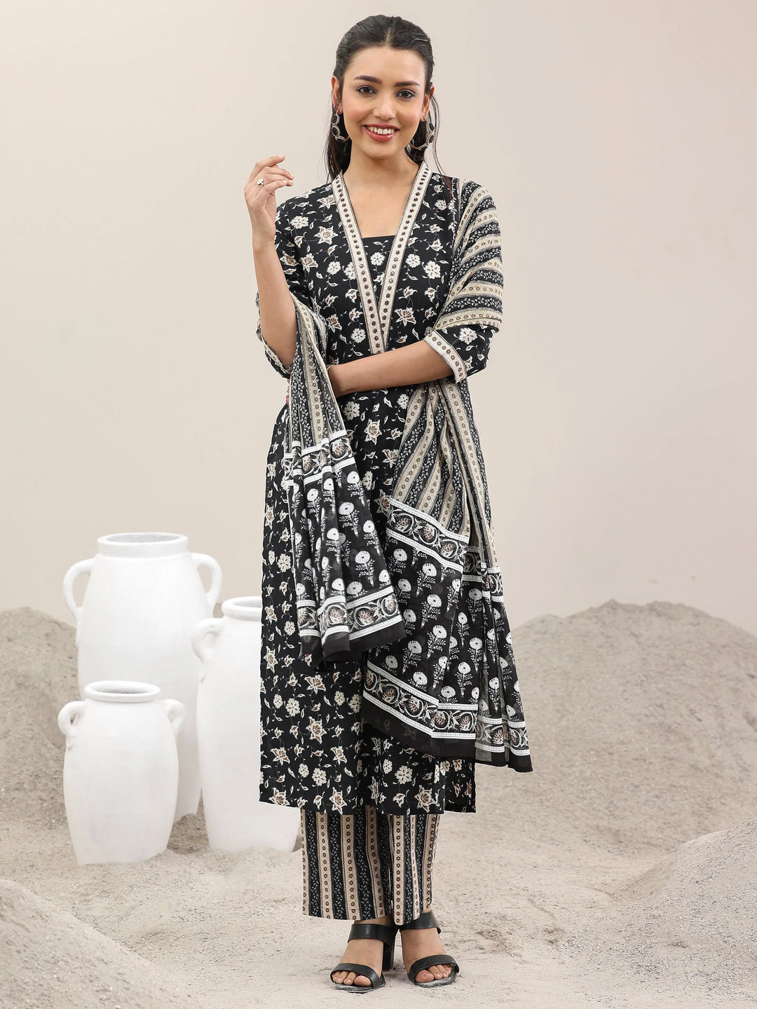  Black Printed Cotton Straight Suit With Dupatta 