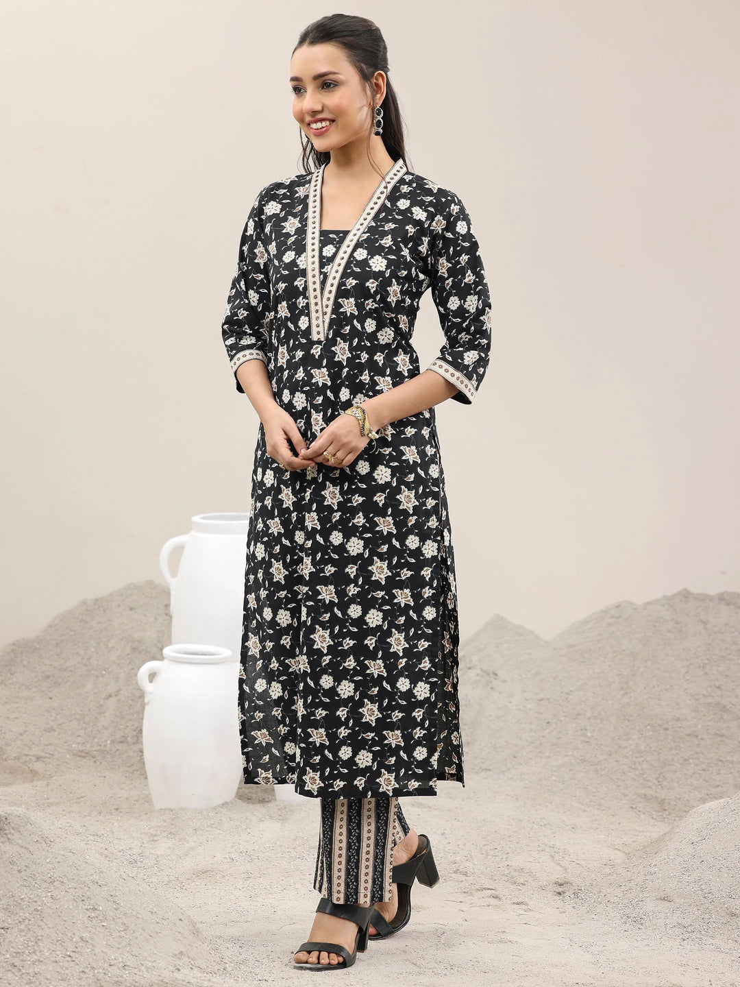  Black Printed Cotton Straight Suit With Dupatta 
