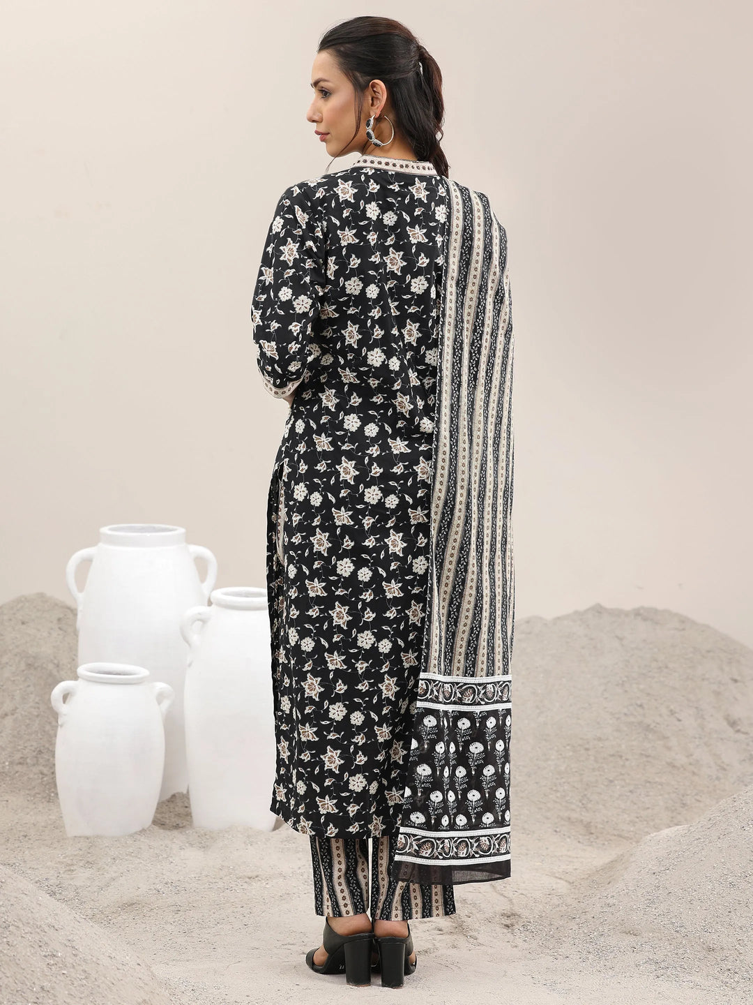  Black Printed Cotton Straight Suit With Dupatta 