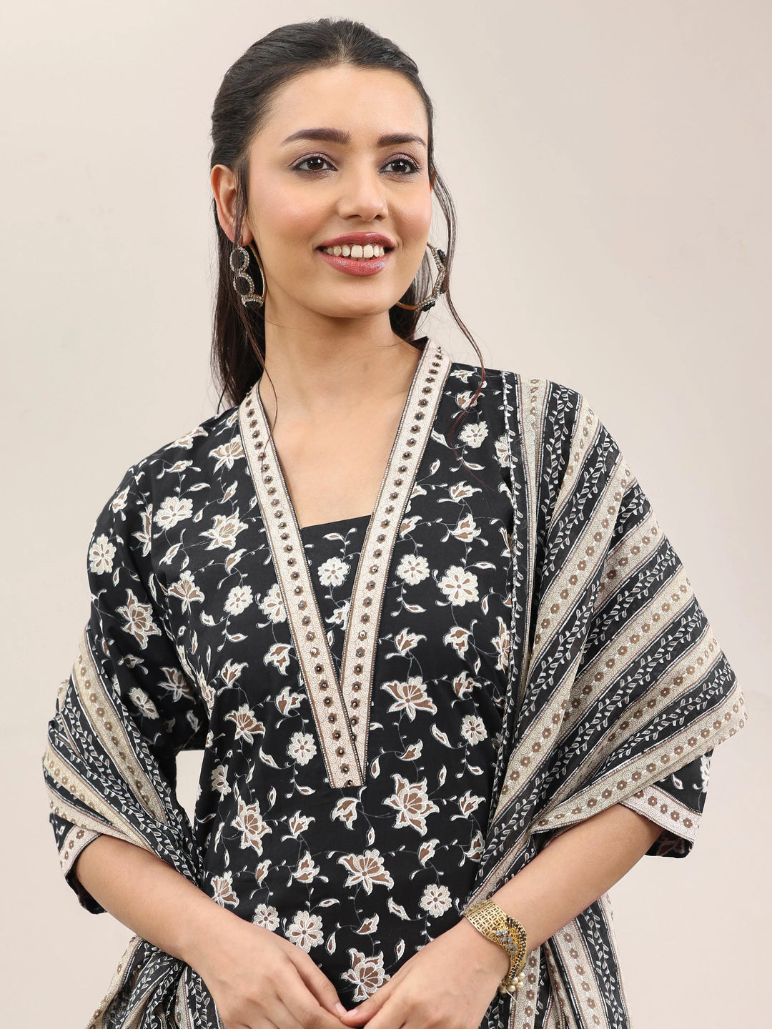 Black Printed Cotton Straight Suit With Dupatta 
