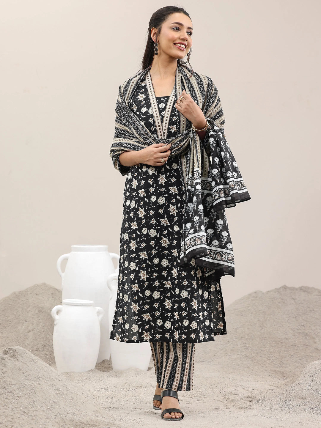  Black Printed Cotton Straight Suit With Dupatta 