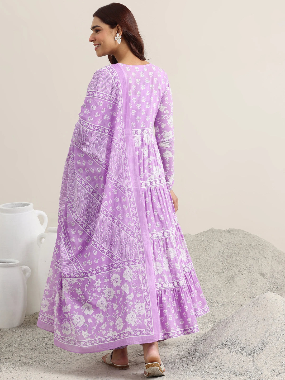  Lavender Printed Cotton Anarkali Suit With Dupatta 