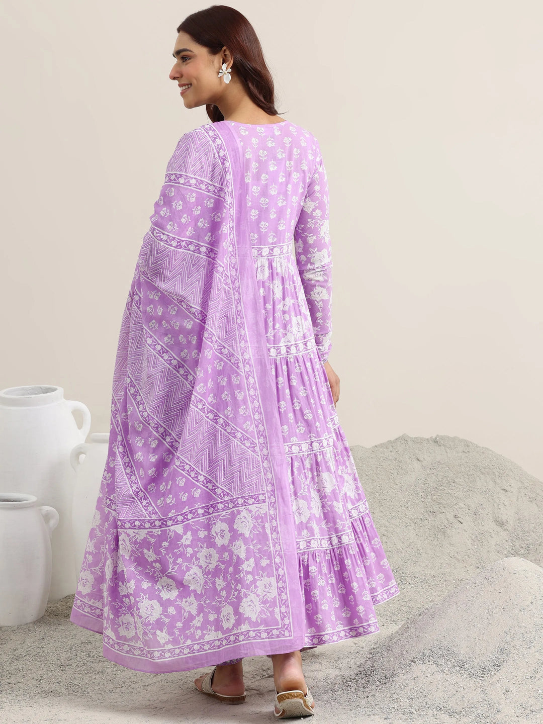  Lavender Printed Cotton Anarkali Suit With Dupatta 