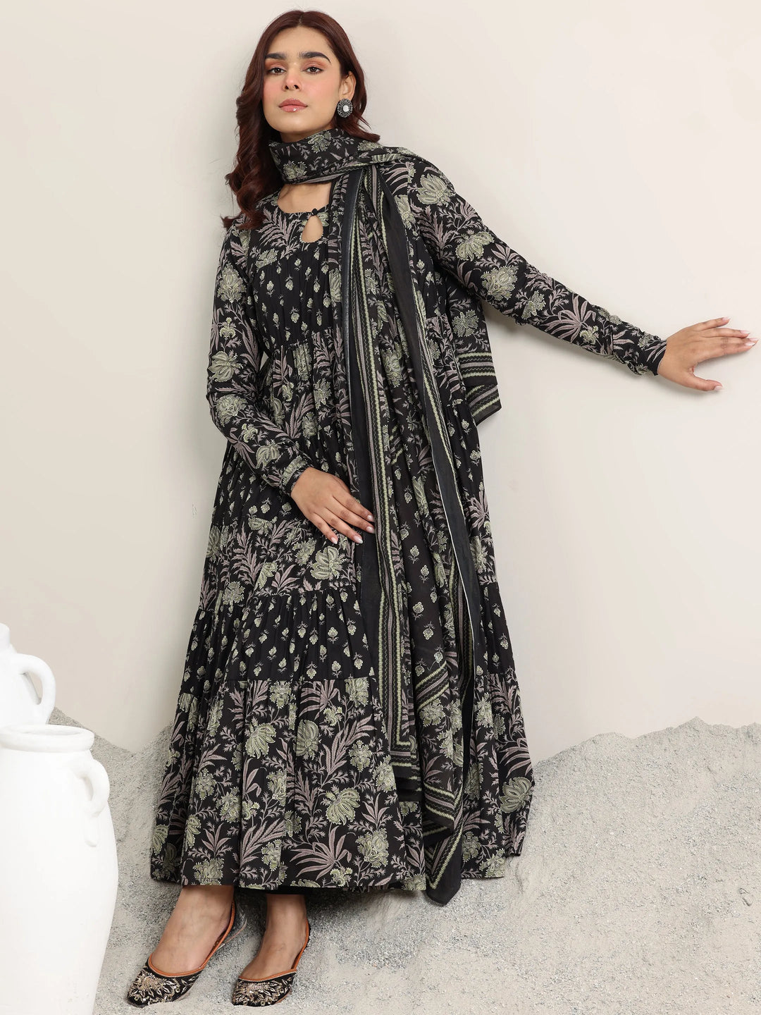  Black Printed Cotton Anarkali Suit With Dupatta 