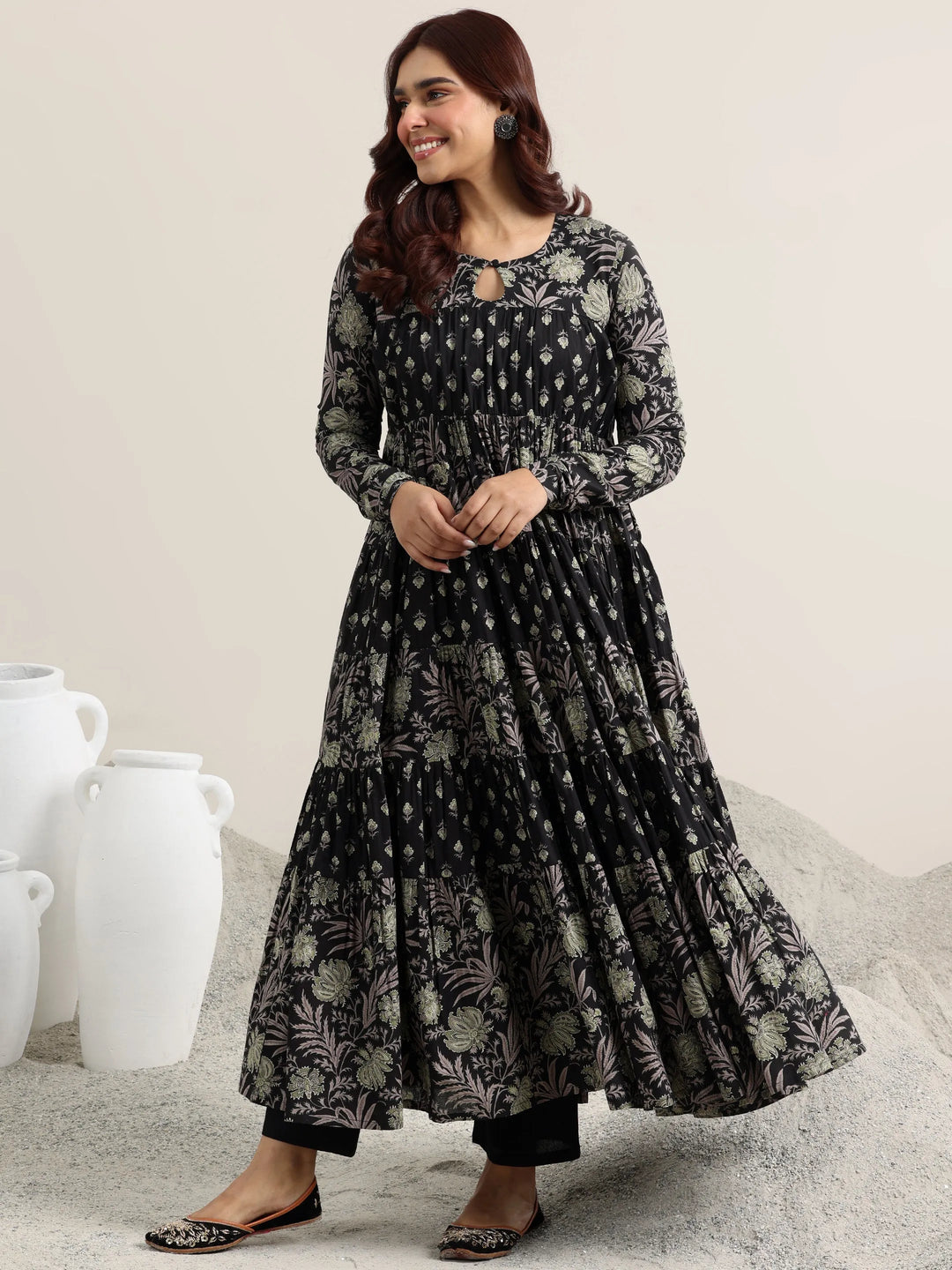  Black Printed Cotton Anarkali Suit With Dupatta 