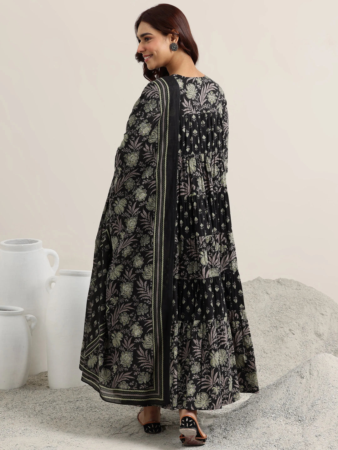  Black Printed Cotton Anarkali Suit With Dupatta 