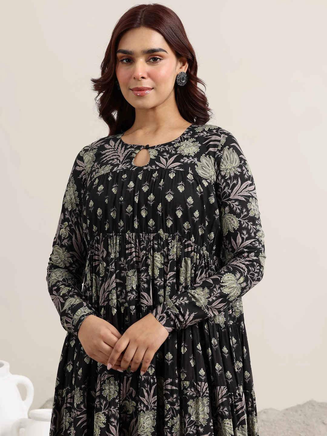  Black Printed Cotton Anarkali Suit With Dupatta 