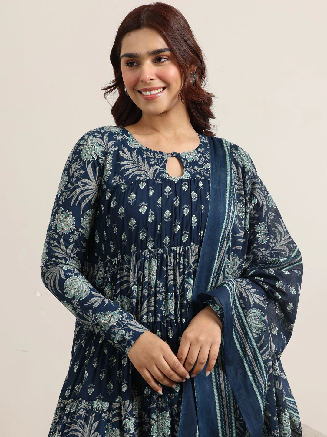  Blue Printed Cotton Anarkali Suit With Dupatta 