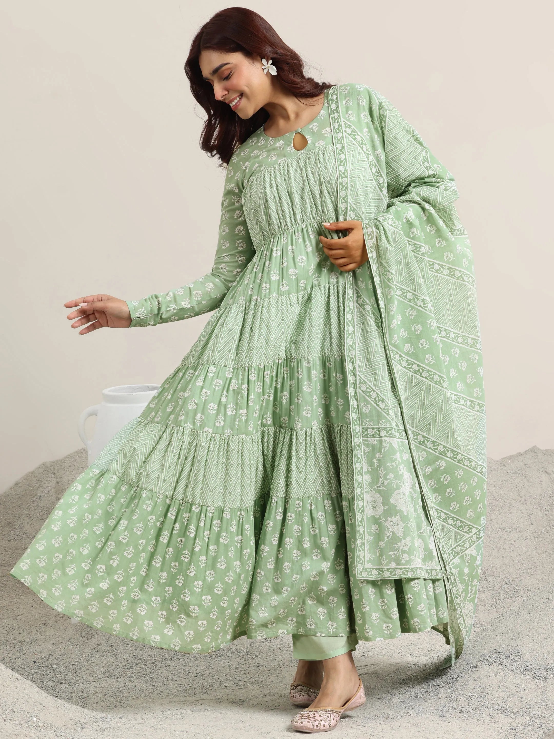 Green Printed Cotton Anarkali Suit With Dupatta-image-47