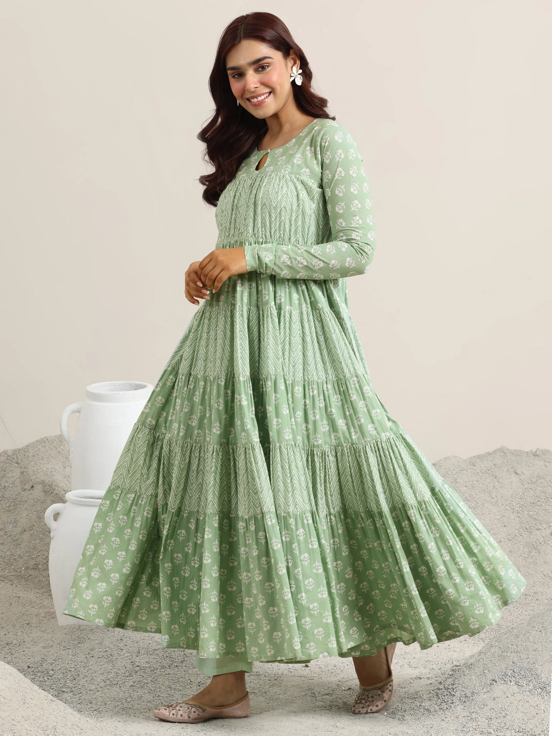  Green Printed Cotton Anarkali Suit With Dupatta 