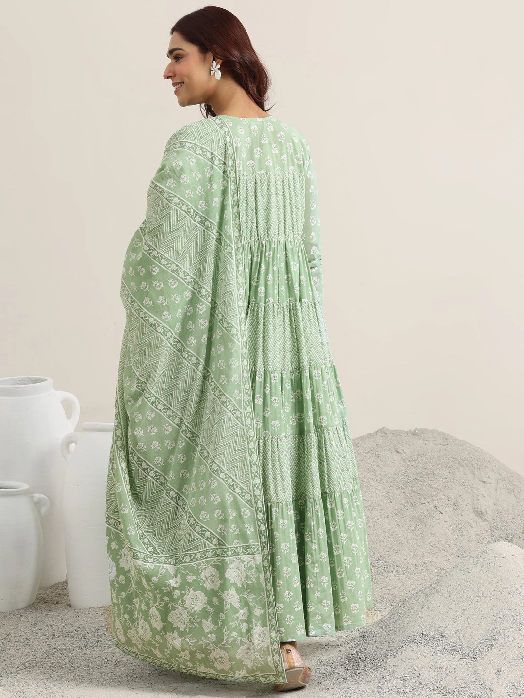  Green Printed Cotton Anarkali Suit With Dupatta 