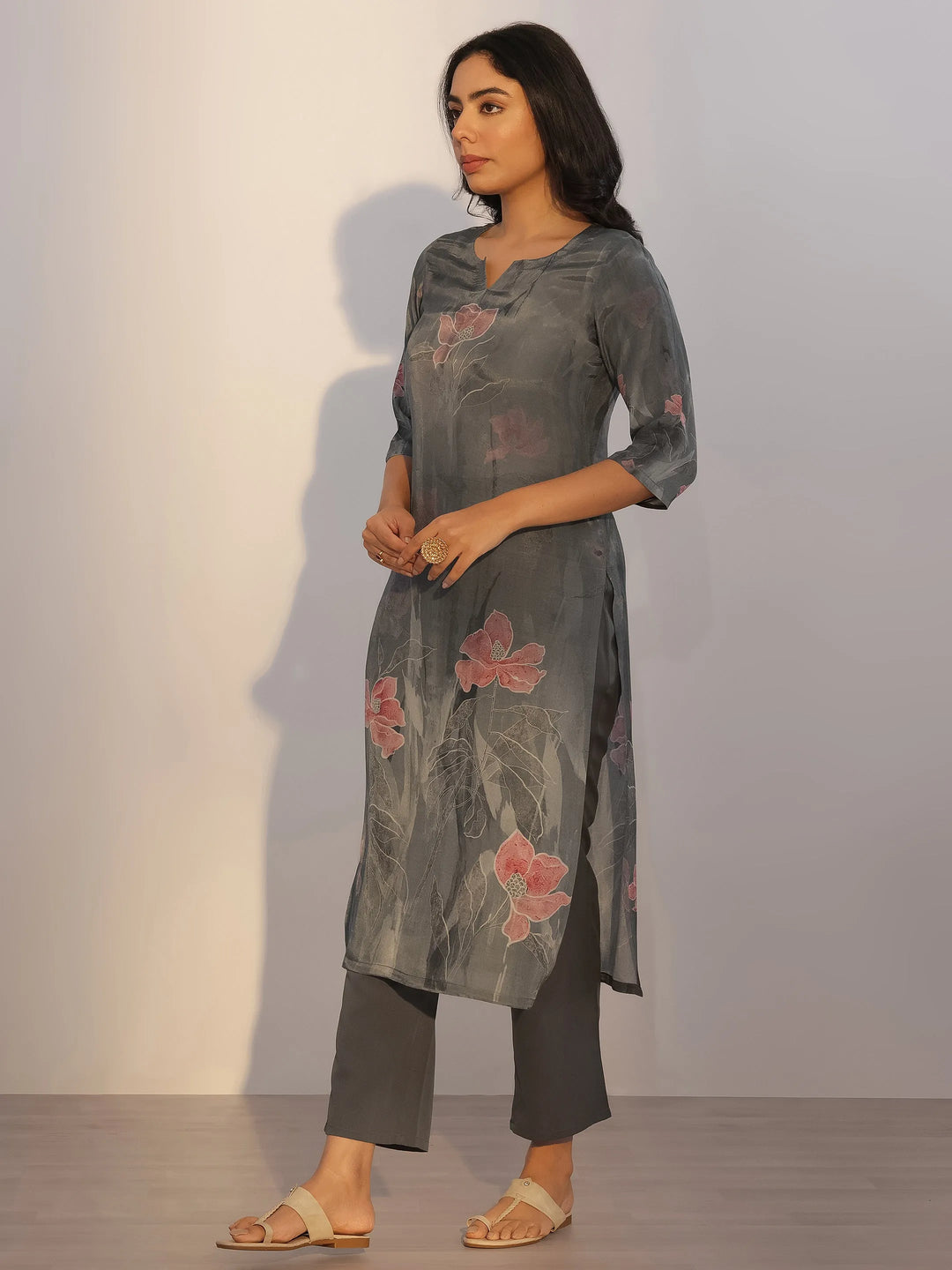  Grey Printed Silk Blend Straight Suit With Dupatta 