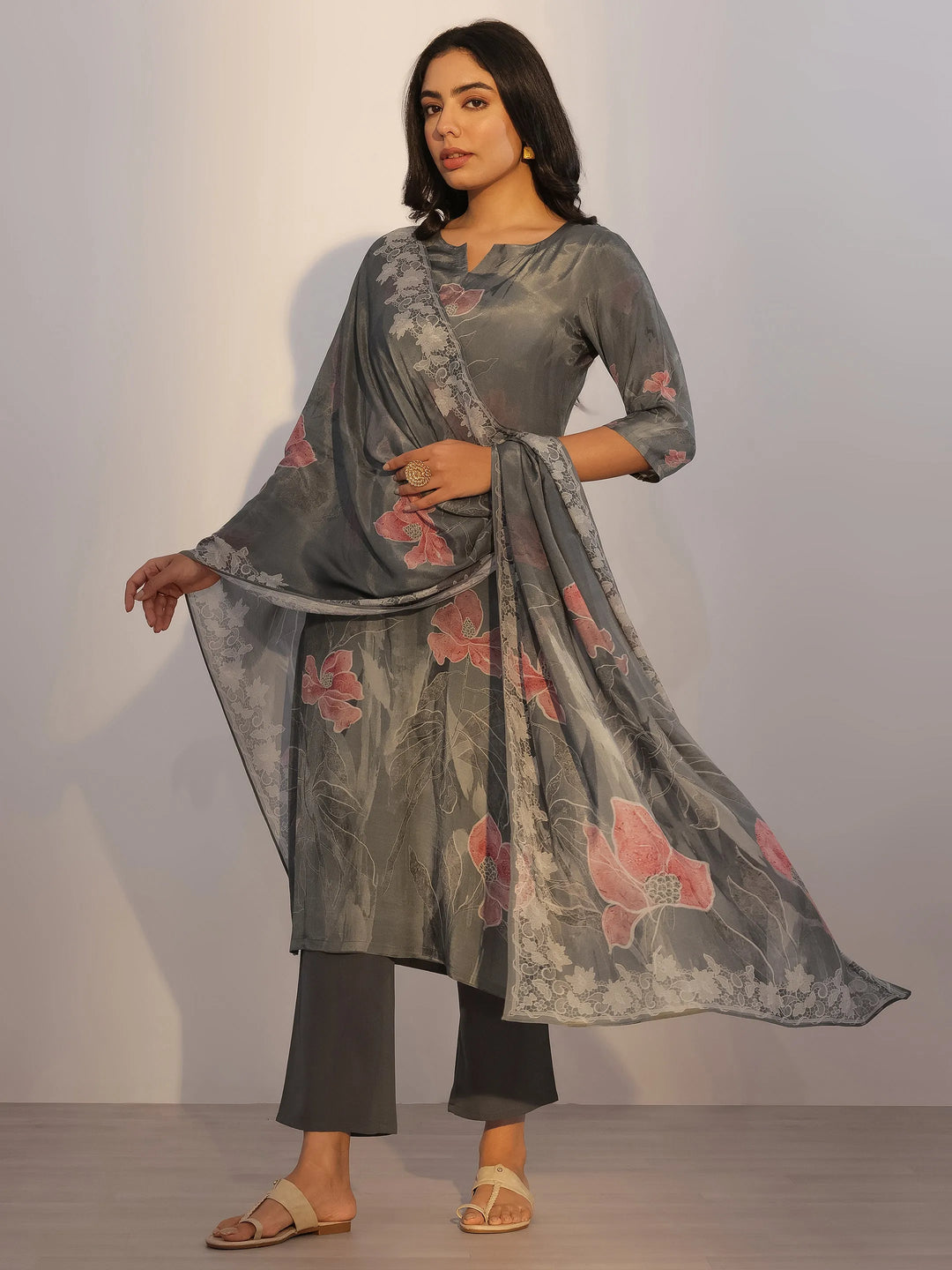  Grey Printed Silk Blend Straight Suit With Dupatta 