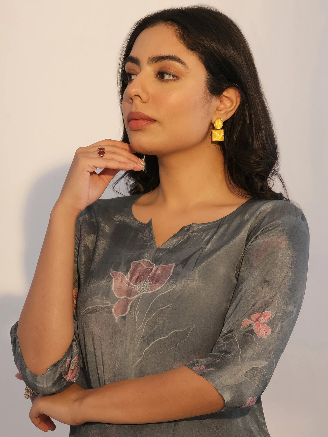  Grey Printed Silk Blend Straight Suit With Dupatta 