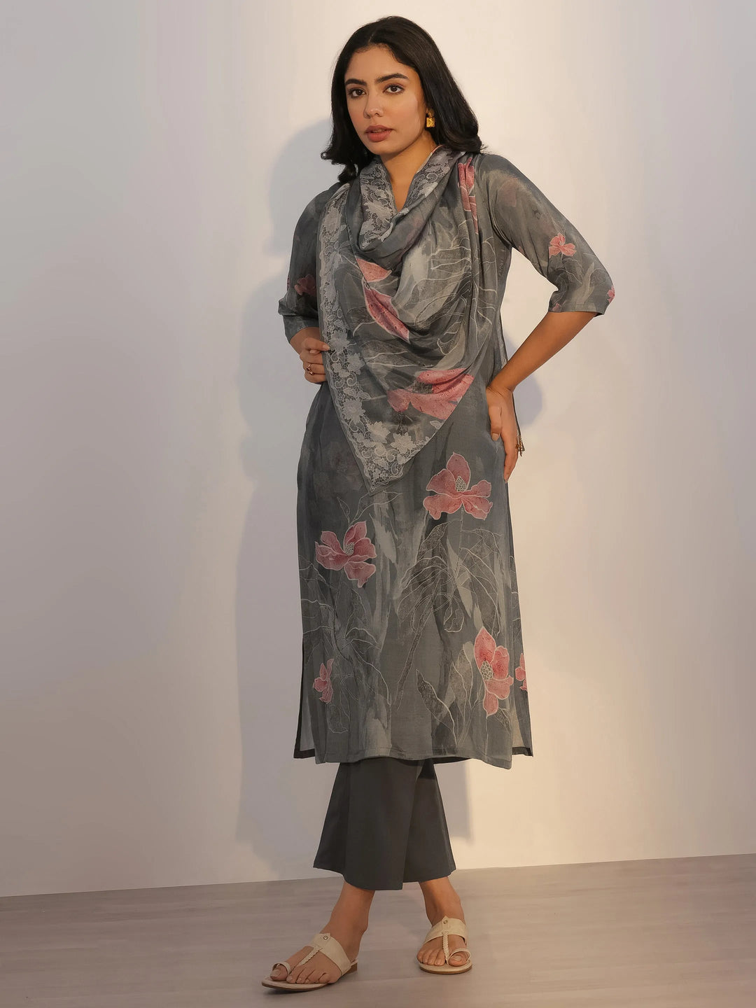  Grey Printed Silk Blend Straight Suit With Dupatta 