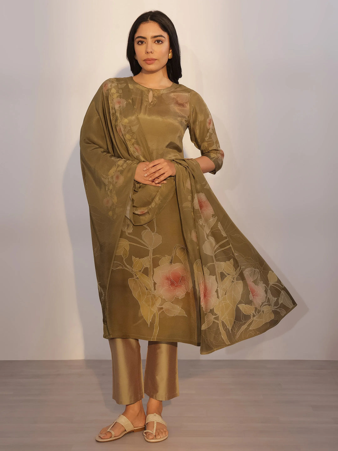  Olive Printed Silk Blend Straight Suit With Dupatta 