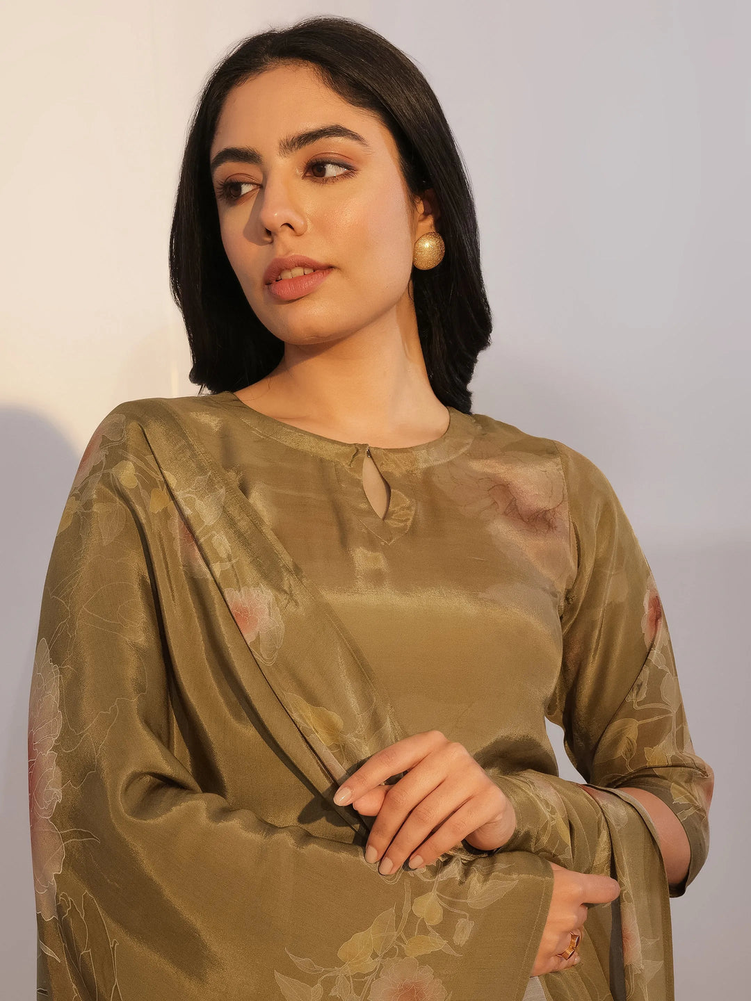  Olive Printed Silk Blend Straight Suit With Dupatta 