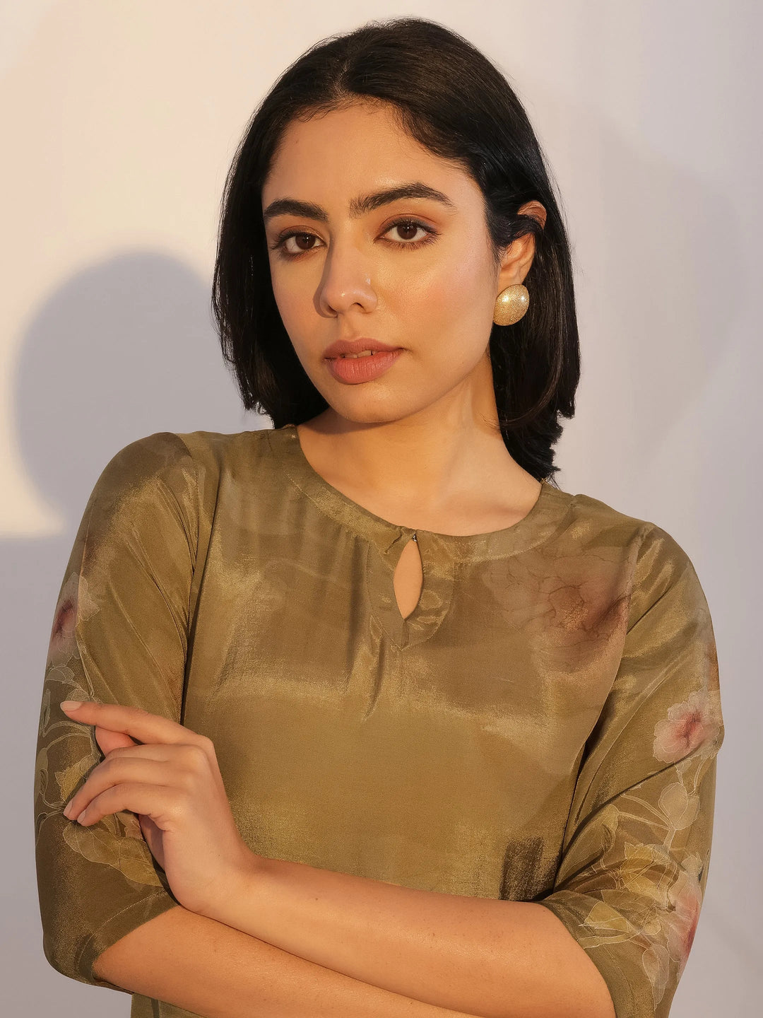  Olive Printed Silk Blend Straight Suit With Dupatta 