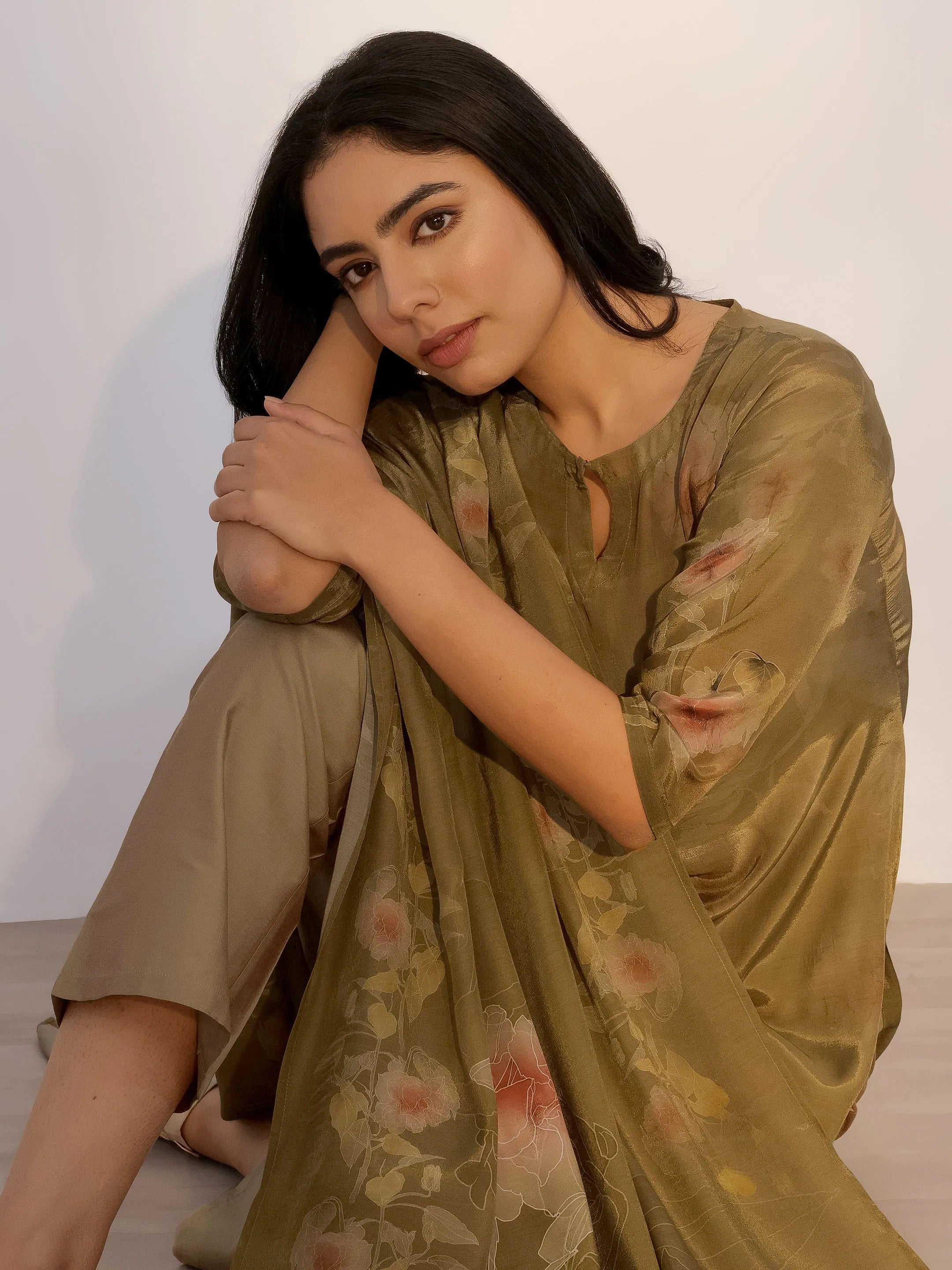 Olive Printed Silk Blend Straight Suit With Dupatta-image-8