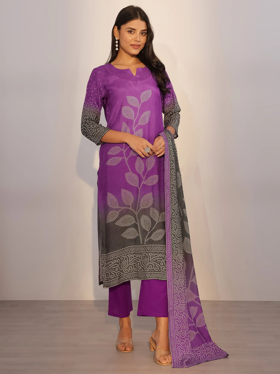  Purple Printed Silk Blend Straight Suit With Dupatta 