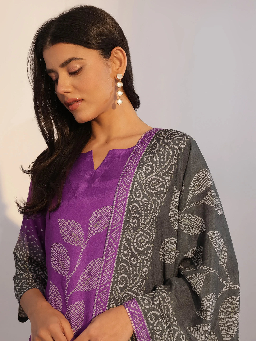  Purple Printed Silk Blend Straight Suit With Dupatta 